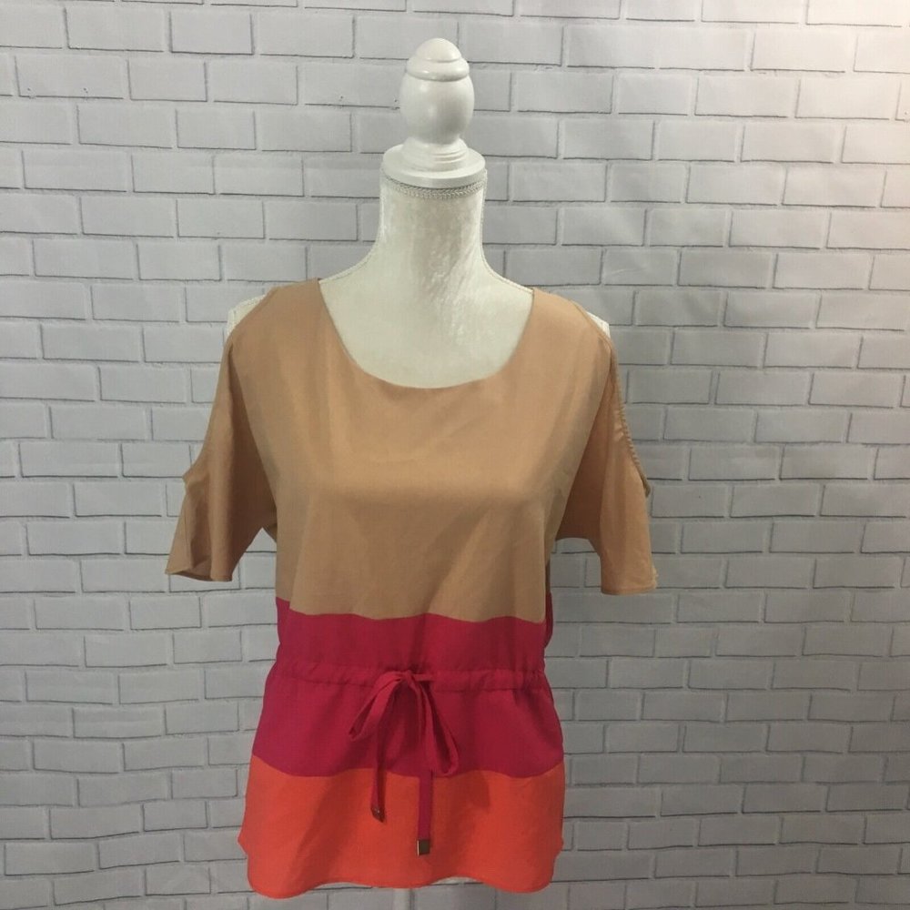 C. Luce Women's Top Cold Shoulder Color Block Drawstring Tie Waist Keyhole Small